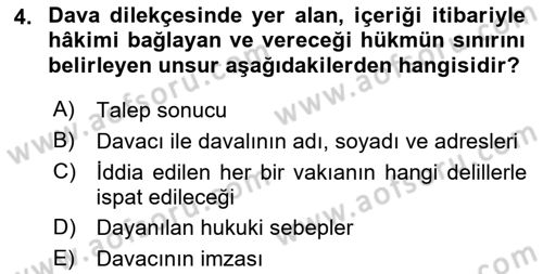 Medeni Usul Hukukuna Giriş Dersi 2025 - 2026 Yılı (Final) Dönem Sonu Sınav Soruları 4. Soru