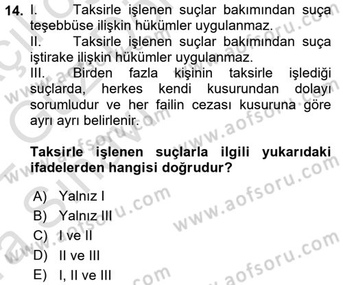Ceza Hukuku Bilgisi Dersi Ara Sınavı Deneme Sınav Soruları 14. Soru