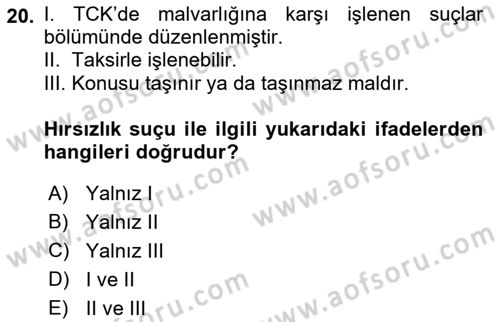 Ceza Hukuku Bilgisi Dersi 2021 - 2022 Yılı (Final) Dönem Sonu Sınav Soruları 20. Soru