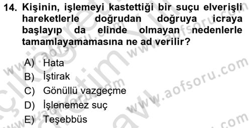 Ceza Hukuku Bilgisi Dersi 2021 - 2022 Yılı Yaz Okulu Sınavı 14. Soru