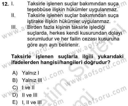 Ceza Hukuku Bilgisi Dersi Ara Sınavı Deneme Sınav Soruları 12. Soru