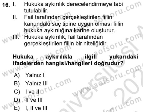 Ceza Hukuku Bilgisi Dersi 2022 - 2023 Yılı (Vize) Ara Sınavı 16. Soru