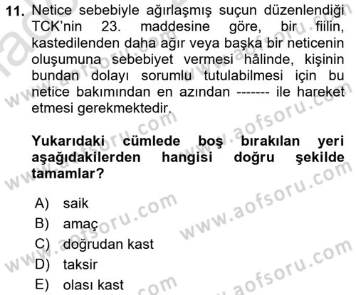 Ceza Hukuku Bilgisi Dersi Ara Sınavı Deneme Sınav Soruları 11. Soru