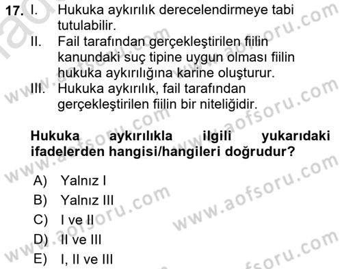 Ceza Hukuku Bilgisi Dersi Ara Sınavı Deneme Sınav Soruları 17. Soru