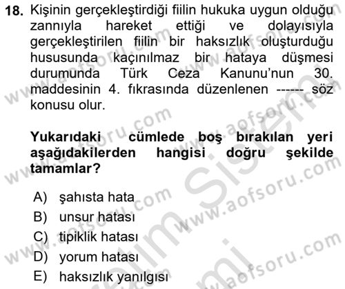 Ceza Hukuku Bilgisi Dersi Ara Sınavı Deneme Sınav Soruları 18. Soru