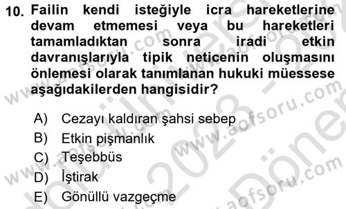 Ceza Hukuku Bilgisi Dersi 2023 - 2024 Yılı (Final) Dönem Sonu Sınav Soruları 10. Soru