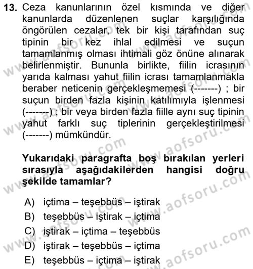 Ceza Hukuku Bilgisi Dersi 2024 - 2025 Yılı (Final) Dönem Sonu Sınav Soruları 13. Soru