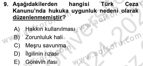 Ceza Hukuku Bilgisi Dersi 2024 - 2025 Yılı Yaz Okulu Sınav Soruları 9. Soru