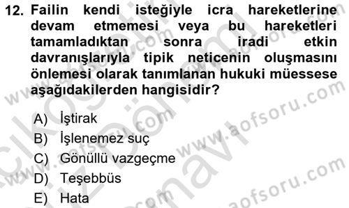 Ceza Hukuku Bilgisi Dersi 2025 - 2026 Yılı (Final) Dönem Sonu Sınav Soruları 12. Soru