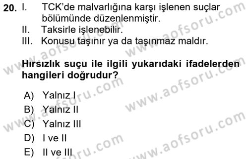 Ceza Hukuku Bilgisi Dersi 2025 - 2026 Yılı (Final) Dönem Sonu Sınav Soruları 20. Soru