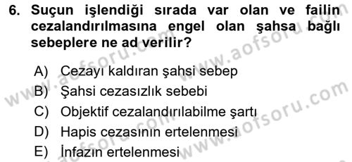 Ceza Hukuku Bilgisi Dersi 2025 - 2026 Yılı (Final) Dönem Sonu Sınav Soruları 6. Soru