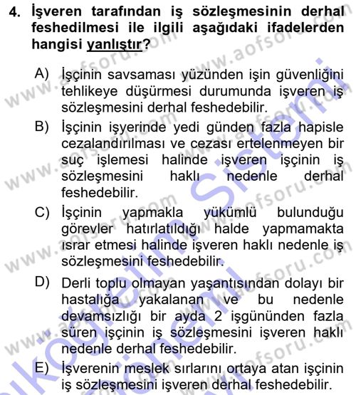 Bireysel İş Hukuku Dersi 2015 - 2016 Yılı (Final) Dönem Sonu Sınav Soruları 4. Soru