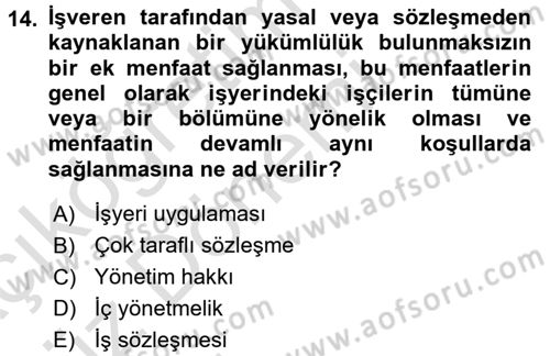 Bireysel İş Hukuku Dersi 2016 - 2017 Yılı (Vize) Ara Sınav Soruları 14. Soru
