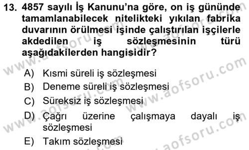 Bireysel İş Hukuku Dersi 2018 - 2019 Yılı (Vize) Ara Sınav Soruları 13. Soru