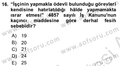 Bireysel İş Hukuku Dersi 2023 - 2024 Yılı (Vize) Ara Sınav Soruları 16. Soru
