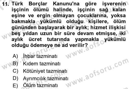 Bireysel İş Hukuku Dersi 2023 - 2024 Yılı (Final) Dönem Sonu Sınav Soruları 11. Soru