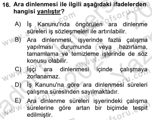 Bireysel İş Hukuku Dersi 2023 - 2024 Yılı Yaz Okulu Sınav Soruları 16. Soru