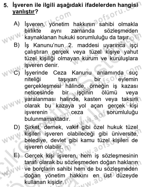 Bireysel İş Hukuku Dersi 2023 - 2024 Yılı Yaz Okulu Sınav Soruları 5. Soru