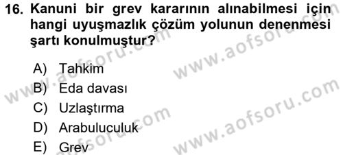 Toplu İş Hukuku Dersi 2015 - 2016 Yılı (Final) Dönem Sonu Sınav Soruları 16. Soru