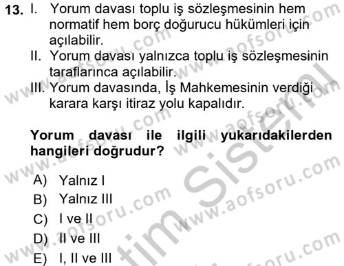 Toplu İş Hukuku Dersi 2016 - 2017 Yılı 3 Ders Sınav Soruları 13. Soru