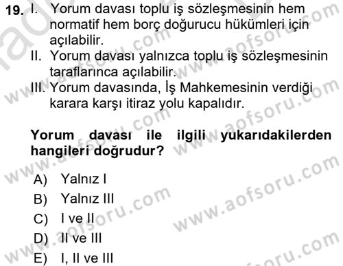 Toplu İş Hukuku Dersi 2016 - 2017 Yılı (Final) Dönem Sonu Sınavı 19. Soru