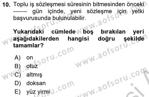 Toplu İş Hukuku Dersi 2018 - 2019 Yılı Yaz Okulu Sınavı 10. Soru