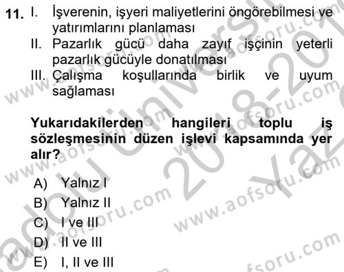 Toplu İş Hukuku Dersi 2018 - 2019 Yılı Yaz Okulu Sınavı 11. Soru