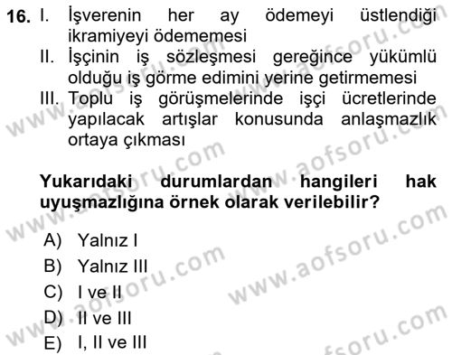 Toplu İş Hukuku Dersi 2018 - 2019 Yılı Yaz Okulu Sınavı 16. Soru