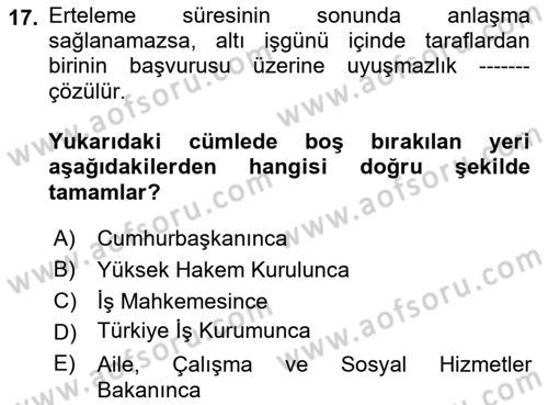 Toplu İş Hukuku Dersi 2018 - 2019 Yılı Yaz Okulu Sınavı 17. Soru