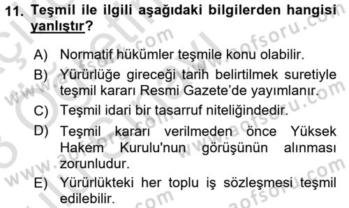 Toplu İş Hukuku Dersi 2022 - 2023 Yılı Yaz Okulu Sınav Soruları 11. Soru