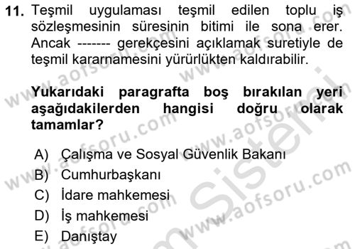 Toplu İş Hukuku Dersi 2023 - 2024 Yılı Yaz Okulu Sınav Soruları 11. Soru