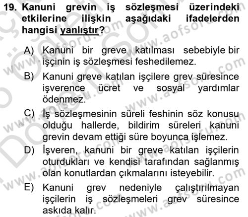 Toplu İş Hukuku Dersi 2024 - 2025 Yılı (Final) Dönem Sonu Sınav Soruları 19. Soru