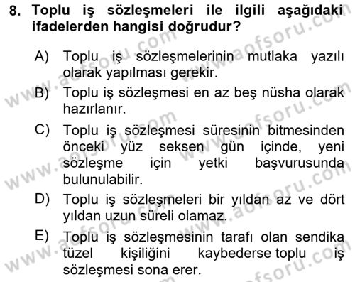 Toplu İş Hukuku Dersi 2024 - 2025 Yılı (Final) Dönem Sonu Sınav Soruları 8. Soru