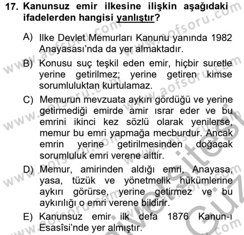 Kamu Personel Hukuku Dersi Ara Sınavı Deneme Sınav Soruları 17. Soru