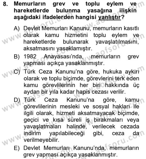 Kamu Personel Hukuku Dersi 2012 - 2013 Yılı (Final) Dönem Sonu Sınav Soruları 8. Soru