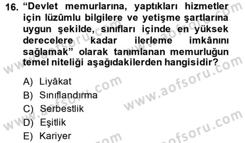 Kamu Personel Hukuku Dersi Ara Sınavı Deneme Sınav Soruları 16. Soru
