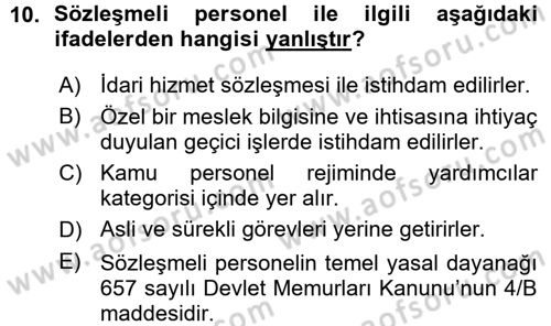 Kamu Personel Hukuku Dersi Ara Sınavı Deneme Sınav Soruları 10. Soru