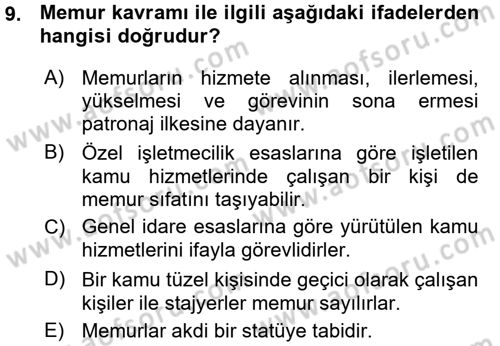 Kamu Personel Hukuku Dersi Ara Sınavı Deneme Sınav Soruları 9. Soru