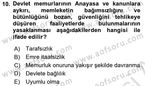Kamu Personel Hukuku Dersi Ara Sınavı Deneme Sınav Soruları 10. Soru