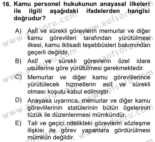 Kamu Personel Hukuku Dersi Ara Sınavı Deneme Sınav Soruları 16. Soru