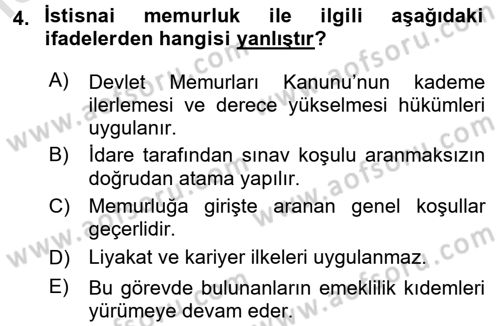 Kamu Personel Hukuku Dersi Ara Sınavı Deneme Sınav Soruları 4. Soru