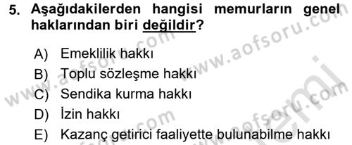 Kamu Personel Hukuku Dersi Ara Sınavı Deneme Sınav Soruları 5. Soru