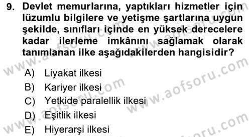 Kamu Personel Hukuku Dersi Ara Sınavı Deneme Sınav Soruları 9. Soru