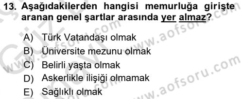 Kamu Personel Hukuku Dersi Ara Sınavı Deneme Sınav Soruları 13. Soru