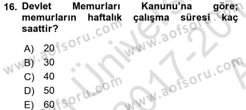 Kamu Personel Hukuku Dersi Ara Sınavı Deneme Sınav Soruları 16. Soru