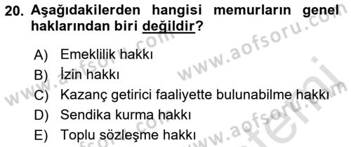 Kamu Personel Hukuku Dersi Ara Sınavı Deneme Sınav Soruları 20. Soru