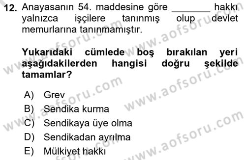 Kamu Personel Hukuku Dersi 2021 - 2022 Yılı (Vize) Ara Sınav Soruları 12. Soru