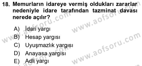 Kamu Personel Hukuku Dersi Ara Sınavı Deneme Sınav Soruları 18. Soru