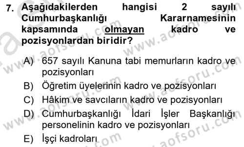 Kamu Personel Hukuku Dersi Ara Sınavı Deneme Sınav Soruları 7. Soru