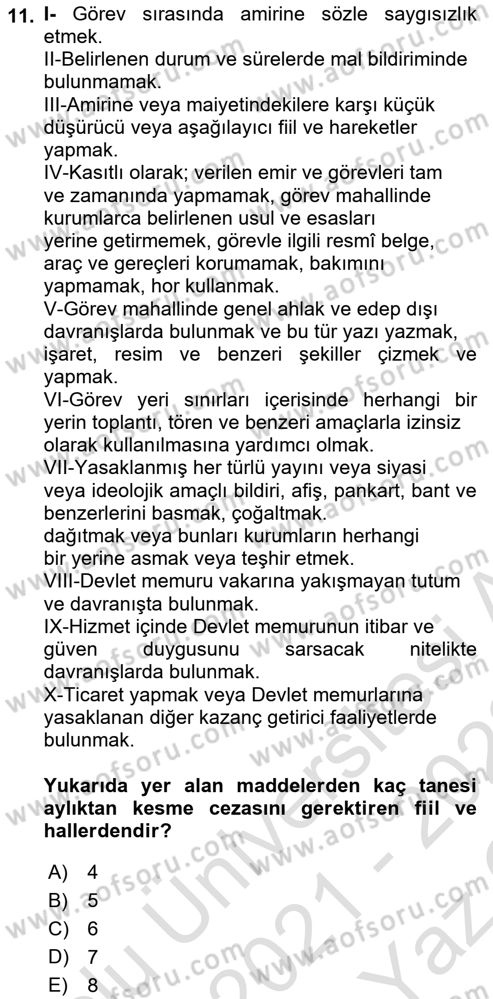 Kamu Personel Hukuku Dersi 2021 - 2022 Yılı Yaz Okulu Sınav Soruları 11. Soru